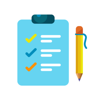 Data Protection Audits An illustration showing a turquoise clipboard with a checklist on it, featuring three lines of text (items). The first two items have blue and yellow checkmarks, indicating completion or compliance. The third item has an orange checkmark, suggesting it may be a pending or a partially completed task. A large yellow pencil with an orange eraser rests beside the clipboard. Below the image, the text reads